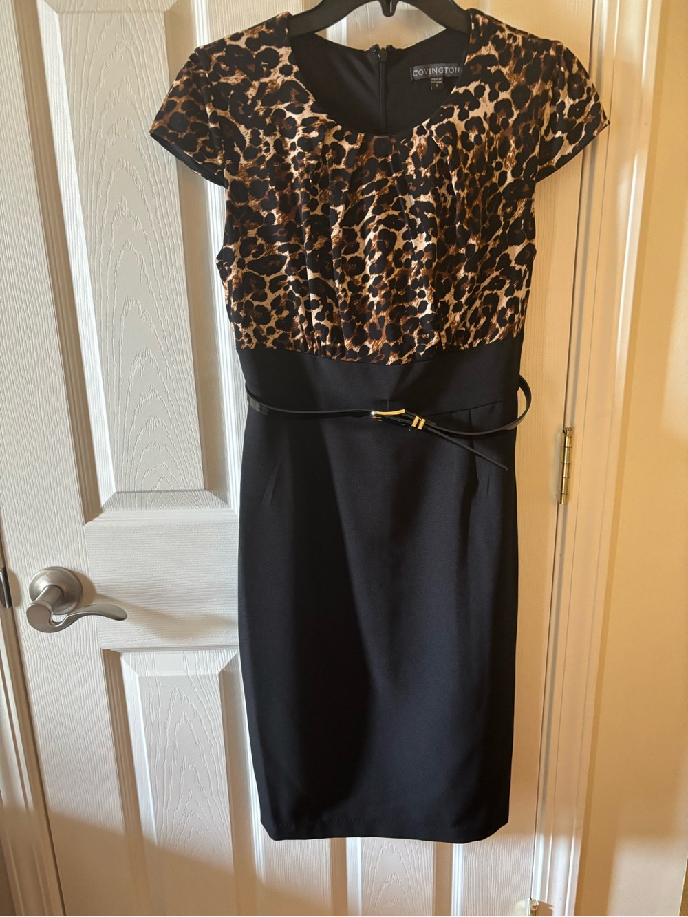 Covington Leopard Print and Black Midi Dress